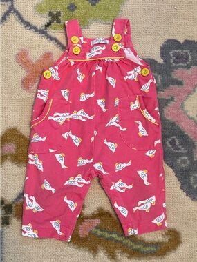 Baby Boden Pink Duck Print Cotton Overalls with Yellow Buttons